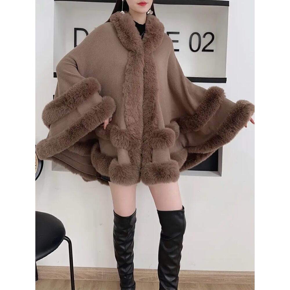 NWT Gorgeous OS Soft Knit Fur Trim Brown Open Hooded Hood Ruana Cape Poncho - Picture 5 of 13